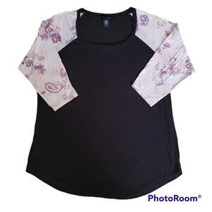 Torrid Women Jersey Shirt 3/4 sleeves Size 1 Black with Floral sleeves